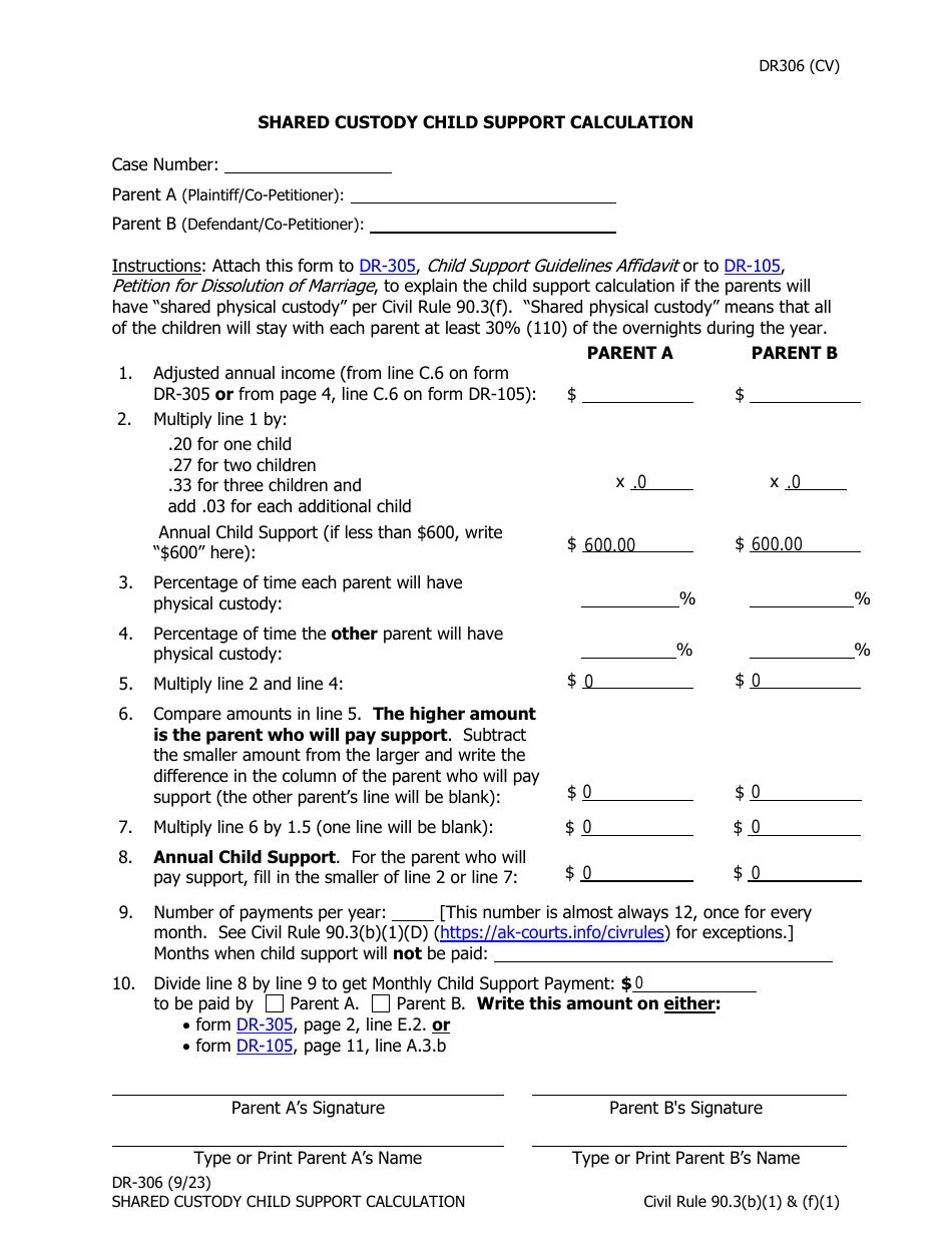 Form DR-306 Shared Custody Child Support Calculation - Alaska, Page 1