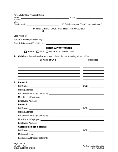 Form DR-300 Child Support Order - Alaska