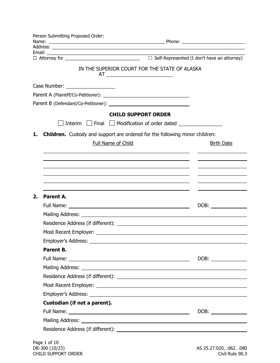 Form DR-300 Child Support Order - Alaska, Page 1