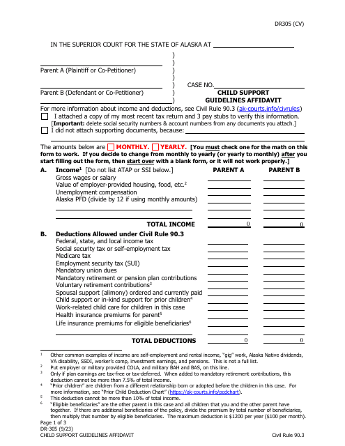 Form DR-305 Child Support Guidelines Affidavit - Alaska