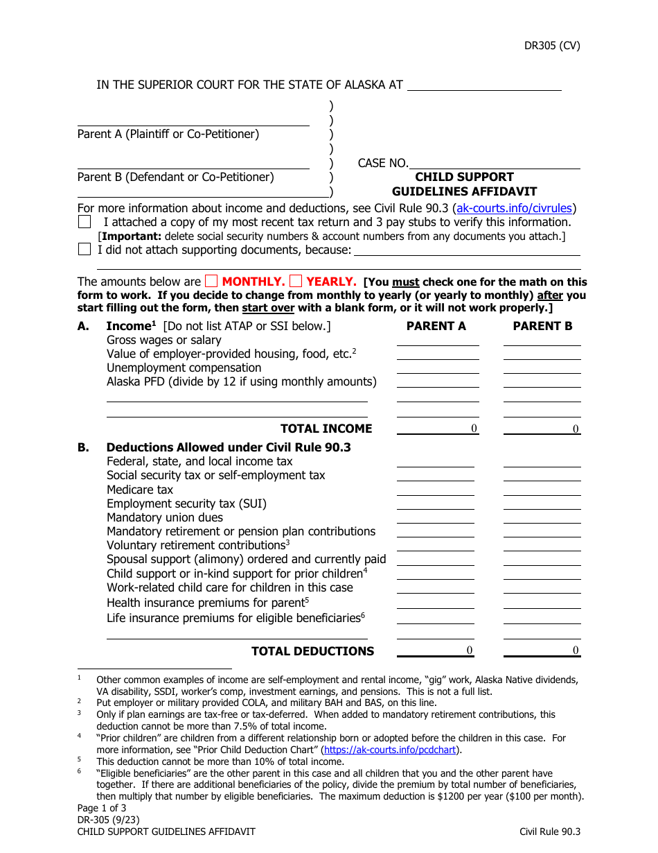 Form DR-305 Child Support Guidelines Affidavit - Alaska, Page 1