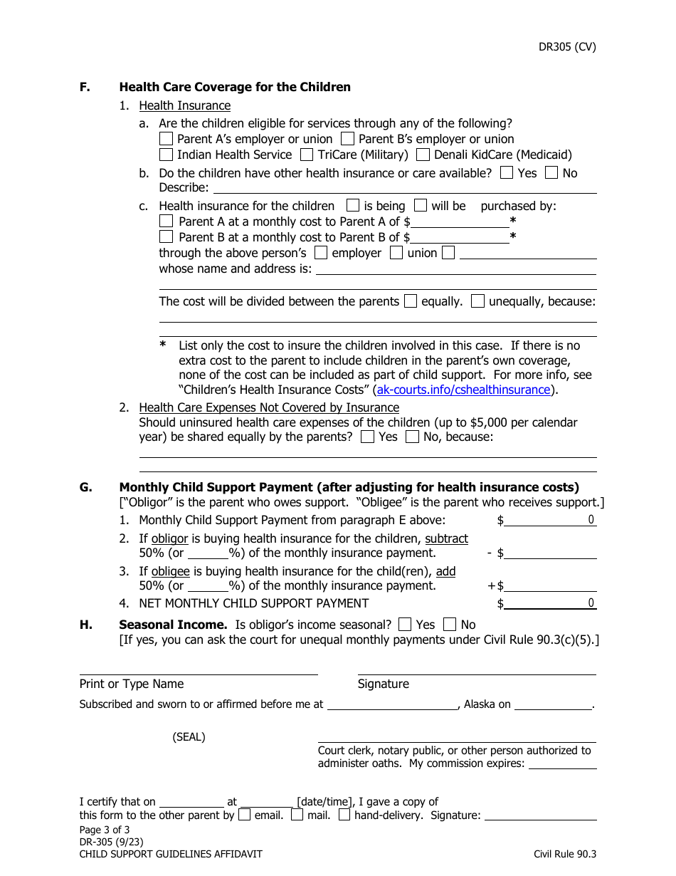 Form DR-305 Child Support Guidelines Affidavit - Alaska, Page 3