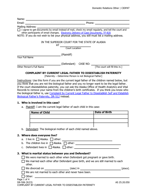 Form DR-506 Complaint by Current Legal Father to Disestablish Paternity - Alaska