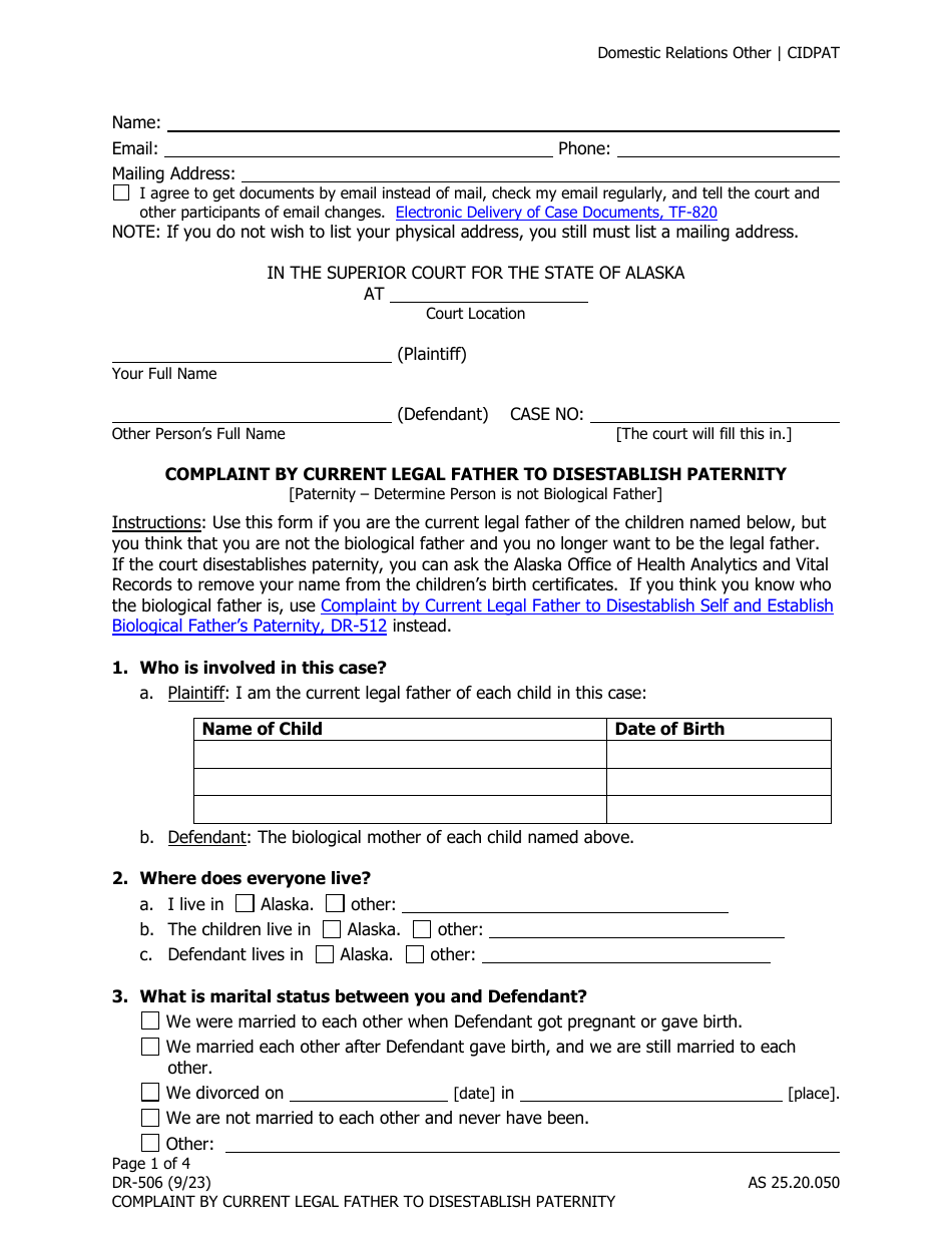 Form DR-506 Complaint by Current Legal Father to Disestablish Paternity - Alaska, Page 1