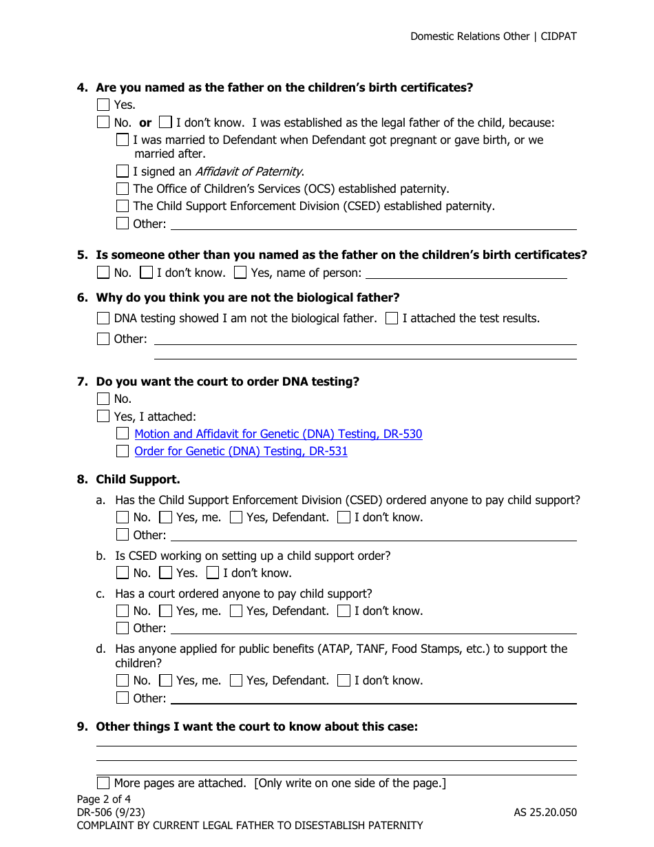 Form DR-506 Complaint by Current Legal Father to Disestablish Paternity - Alaska, Page 2