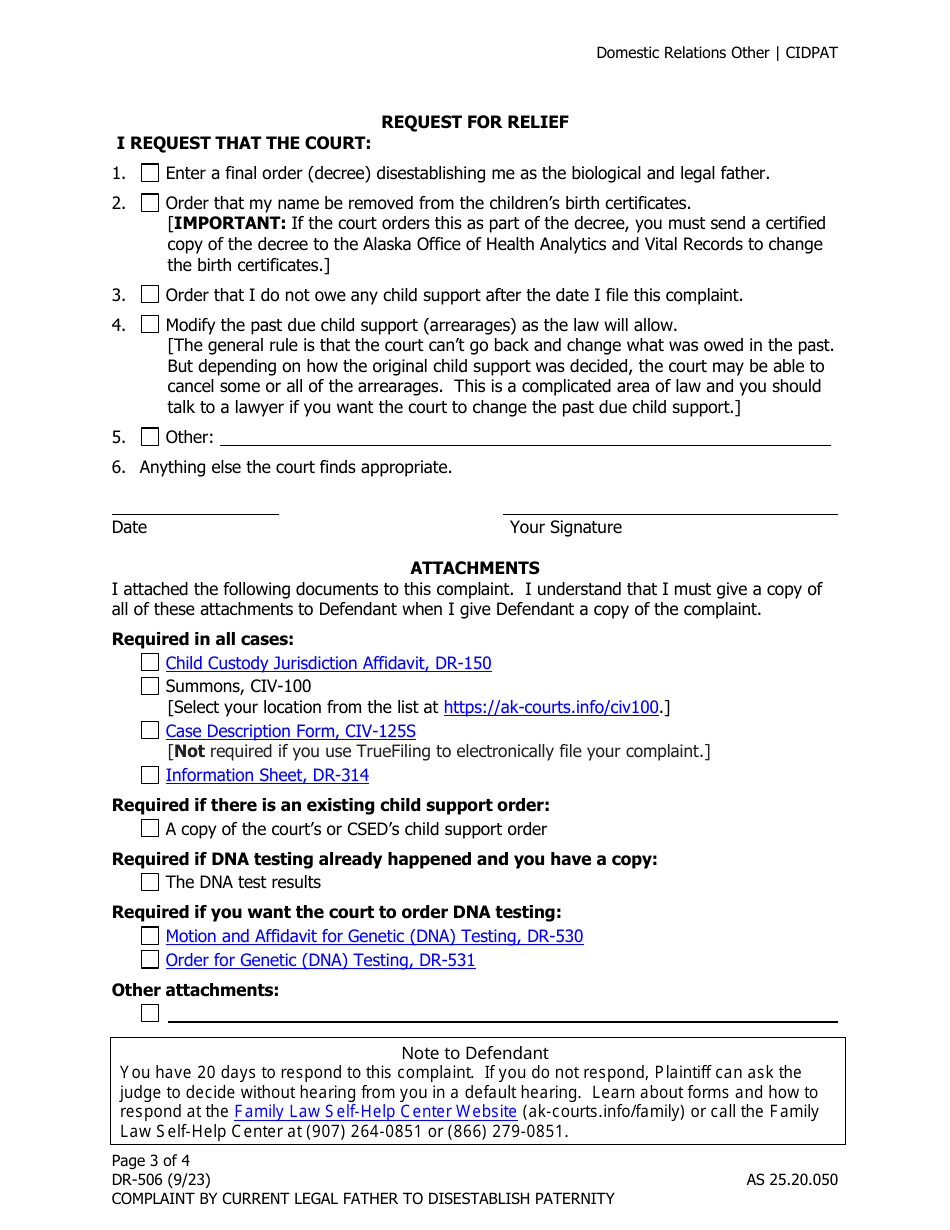 Form DR-506 Complaint by Current Legal Father to Disestablish Paternity - Alaska, Page 3