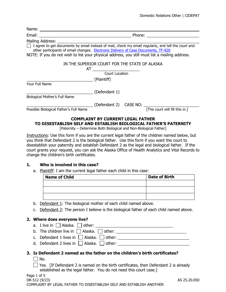 Form DR-512 Complaint by Current Legal Father to Disestablish Self and Establish Biological Fathers Paternity - Alaska, Page 1