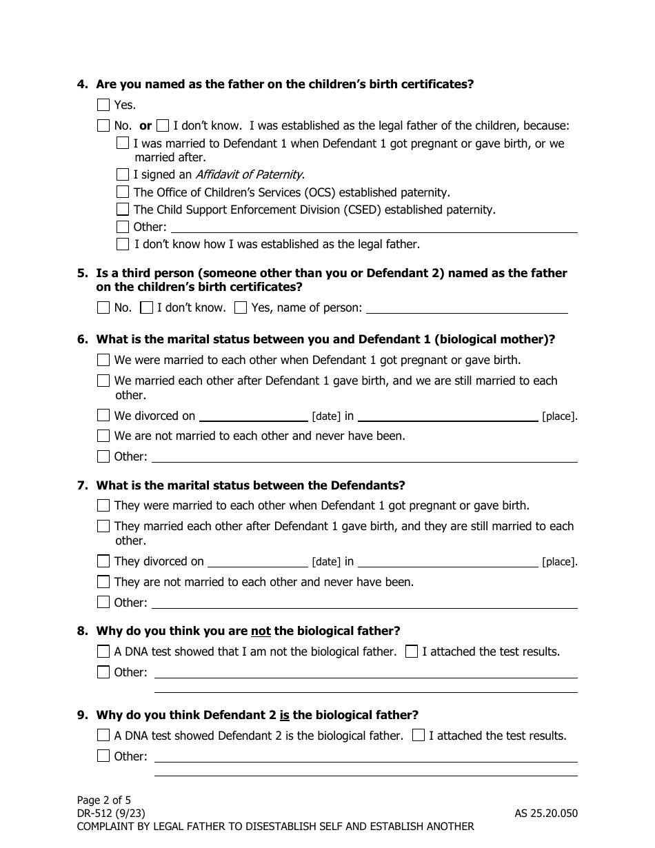 Form DR-512 Complaint by Current Legal Father to Disestablish Self and Establish Biological Fathers Paternity - Alaska, Page 2