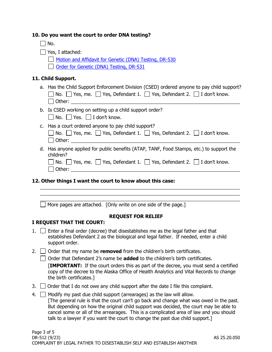 Form DR-512 Complaint by Current Legal Father to Disestablish Self and Establish Biological Fathers Paternity - Alaska, Page 3