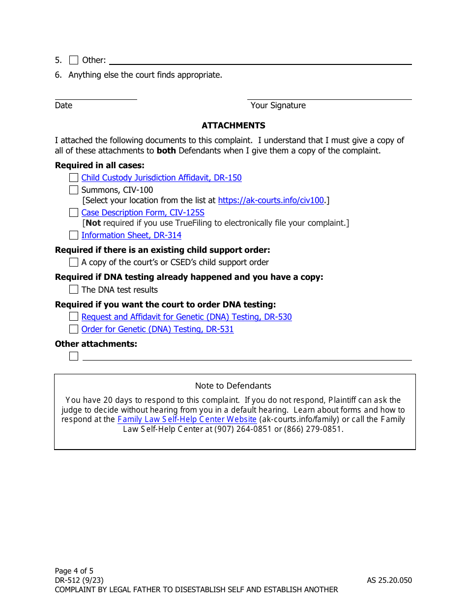 Form DR-512 Complaint by Current Legal Father to Disestablish Self and Establish Biological Fathers Paternity - Alaska, Page 4