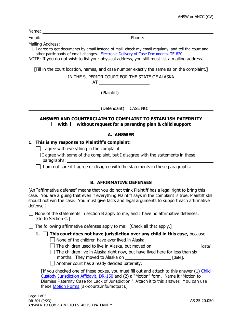 Form DR-504 Answer and Counterclaim to Complaint to Establish Paternity - Alaska, Page 1