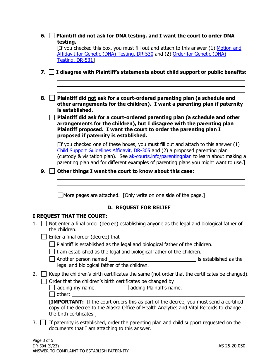 Form DR-504 Answer and Counterclaim to Complaint to Establish Paternity - Alaska, Page 3