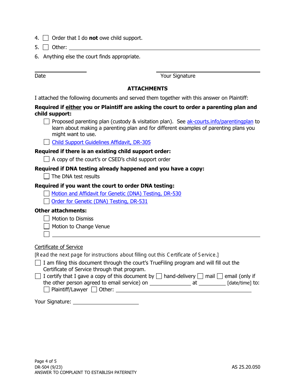 Form DR-504 Answer and Counterclaim to Complaint to Establish Paternity - Alaska, Page 4
