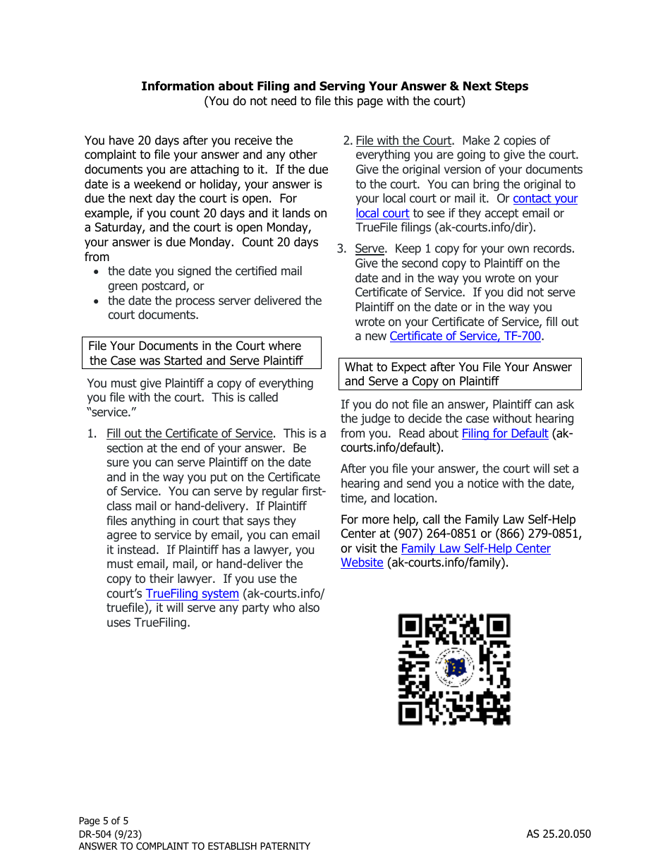 Form DR-504 Answer and Counterclaim to Complaint to Establish Paternity - Alaska, Page 5