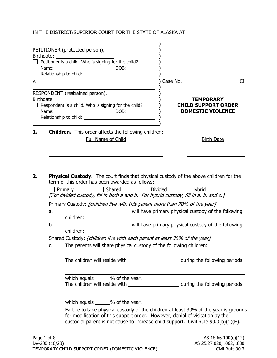 Form DV-200 Temporary Child Support Order (Domestic Violence) - Alaska, Page 1