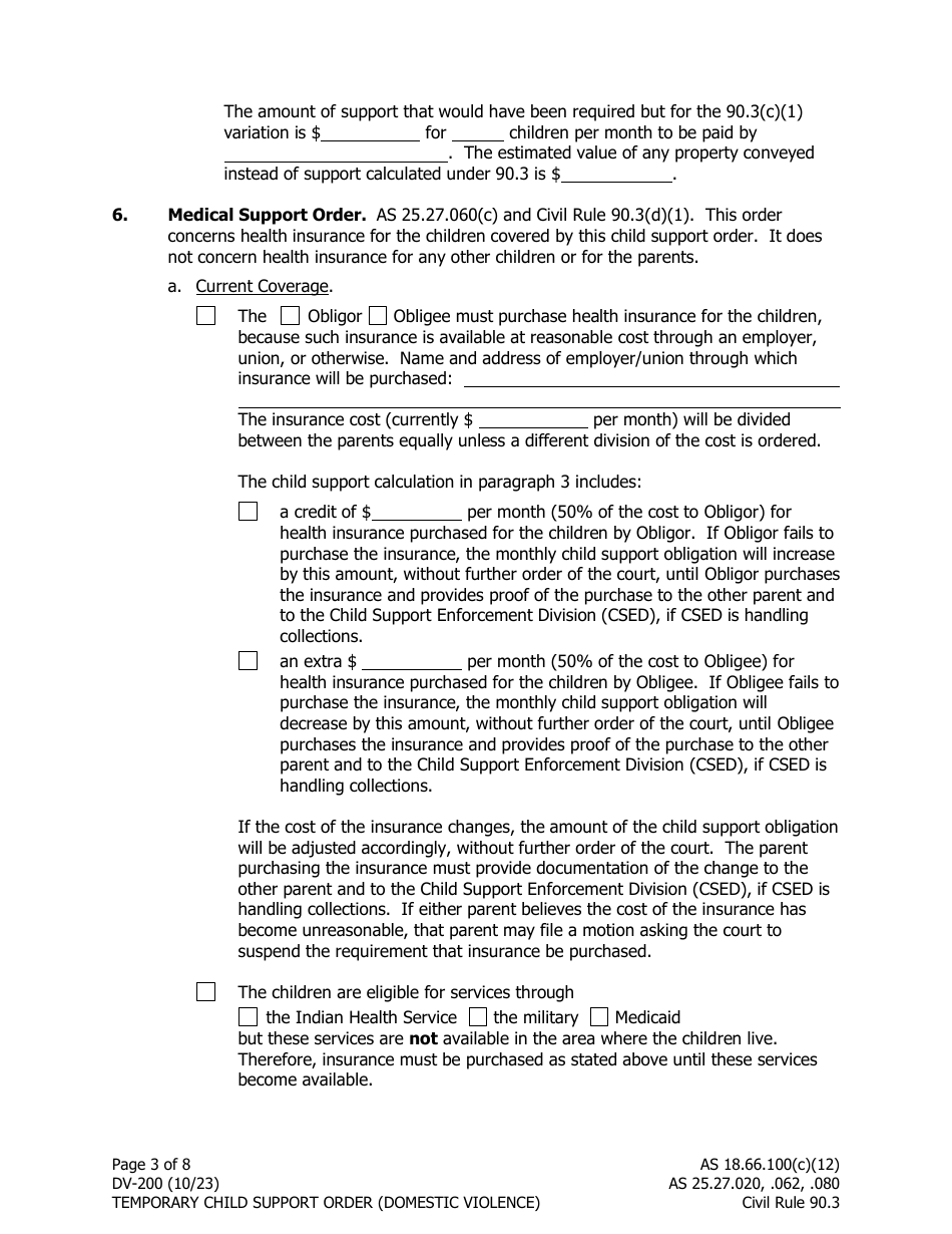 Form DV-200 Temporary Child Support Order (Domestic Violence) - Alaska, Page 3