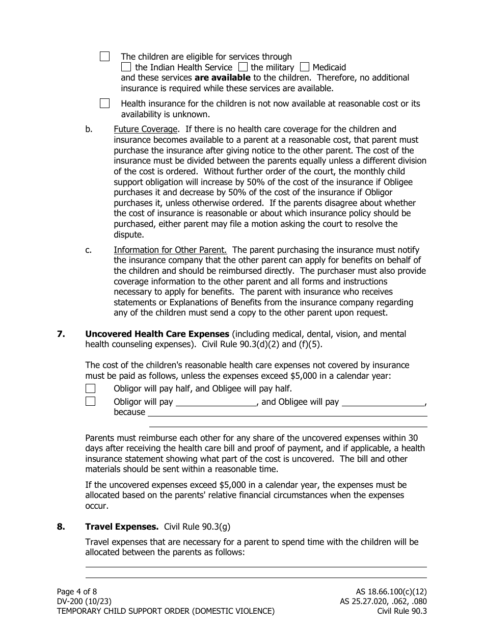 Form DV-200 Temporary Child Support Order (Domestic Violence) - Alaska, Page 4
