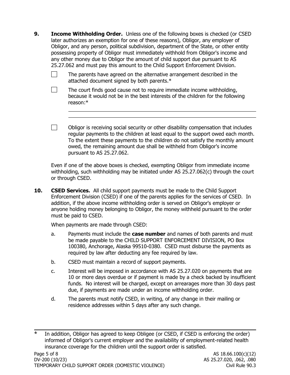 Form DV-200 Temporary Child Support Order (Domestic Violence) - Alaska, Page 5