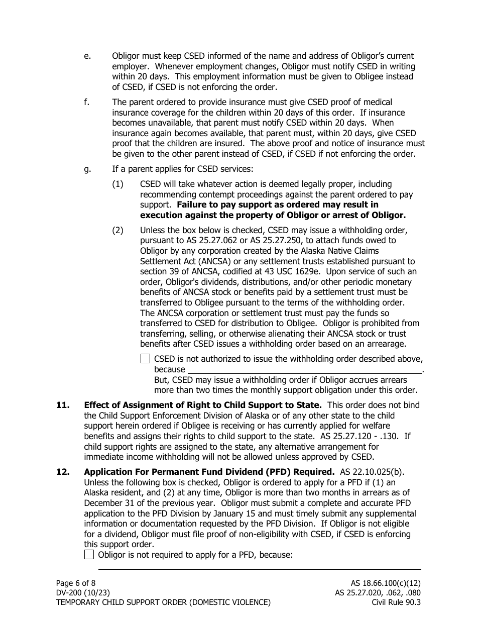 Form DV-200 Temporary Child Support Order (Domestic Violence) - Alaska, Page 6
