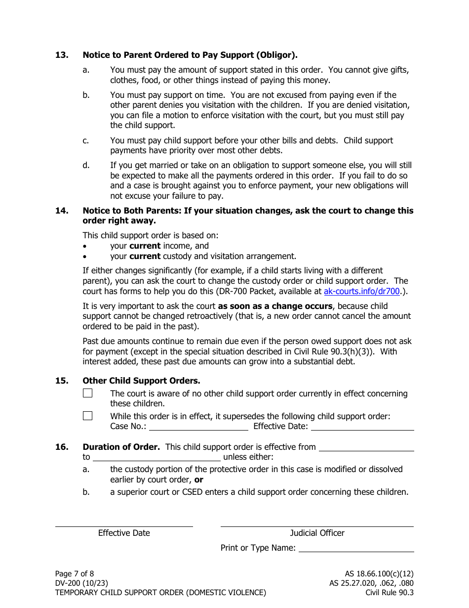 Form DV-200 Temporary Child Support Order (Domestic Violence) - Alaska, Page 7