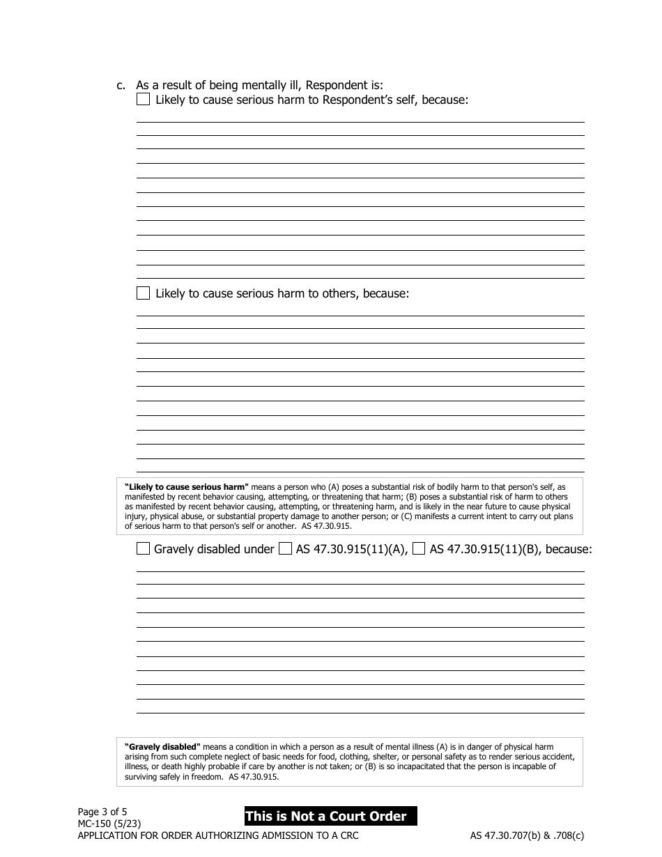 Form MC-150 Application for Order Authorizing Admission to a Crisis Residenial Center (Crc) - Alaska, Page 3