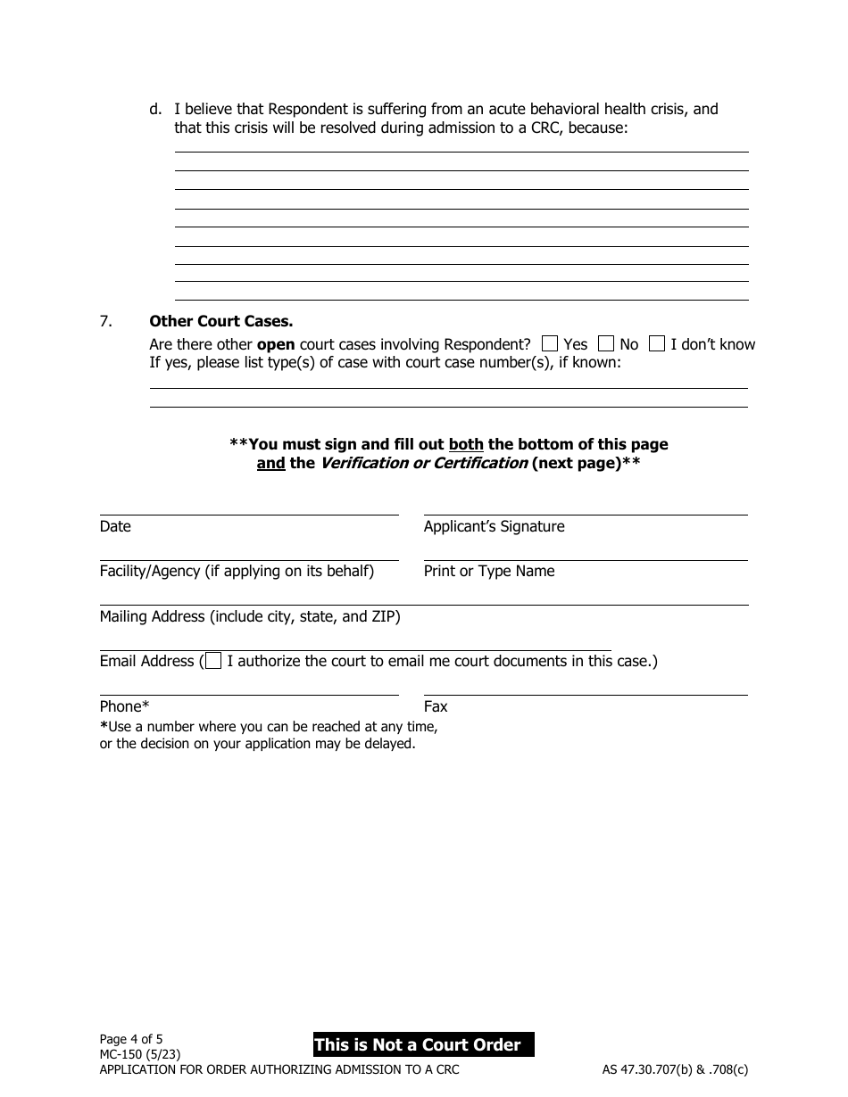 Form MC-150 Application for Order Authorizing Admission to a Crisis Residenial Center (Crc) - Alaska, Page 4
