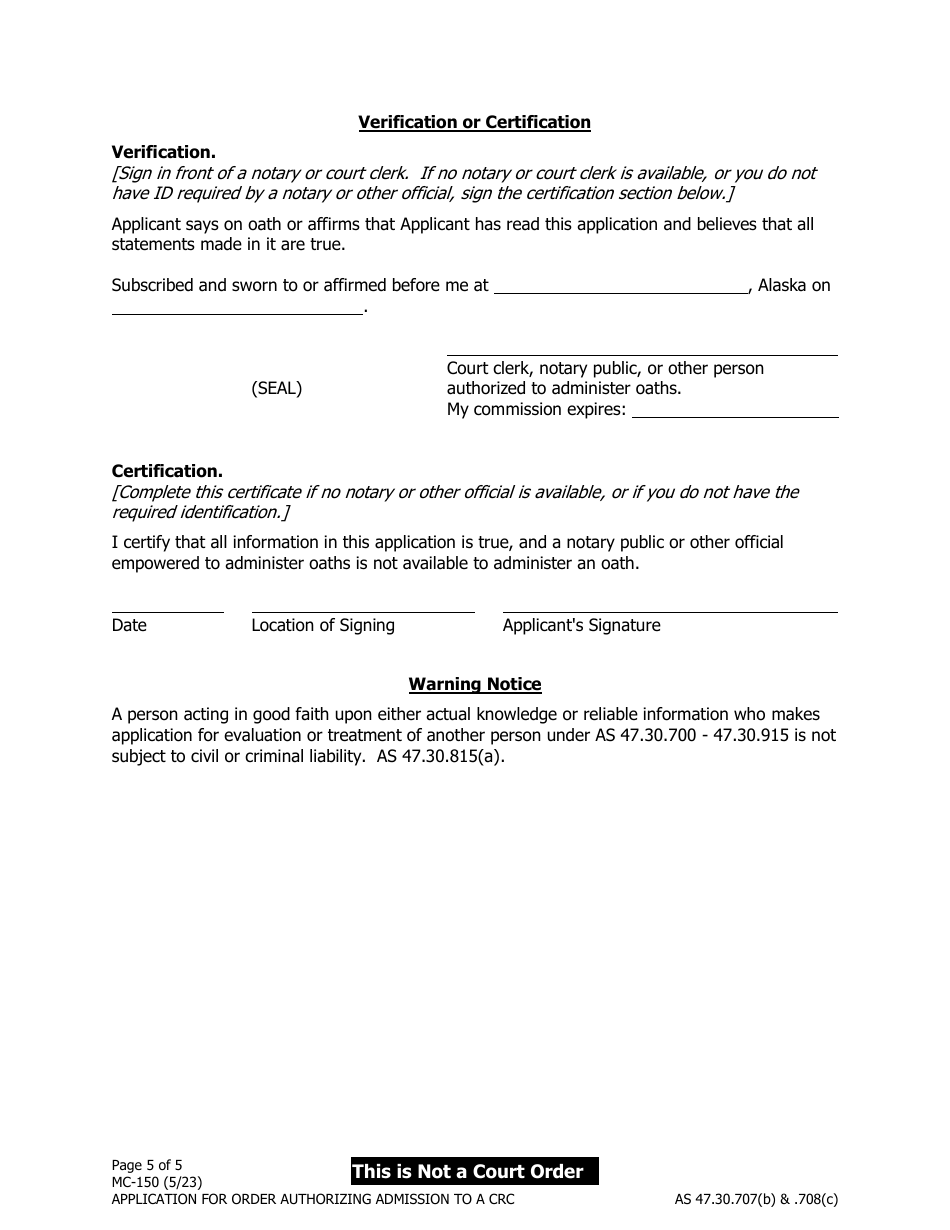 Form MC-150 Application for Order Authorizing Admission to a Crisis Residenial Center (Crc) - Alaska, Page 5