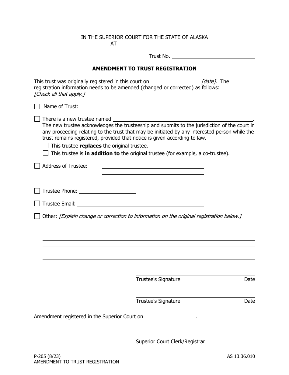 Form P-205 Amendment to Trust Registration - Alaska, Page 1