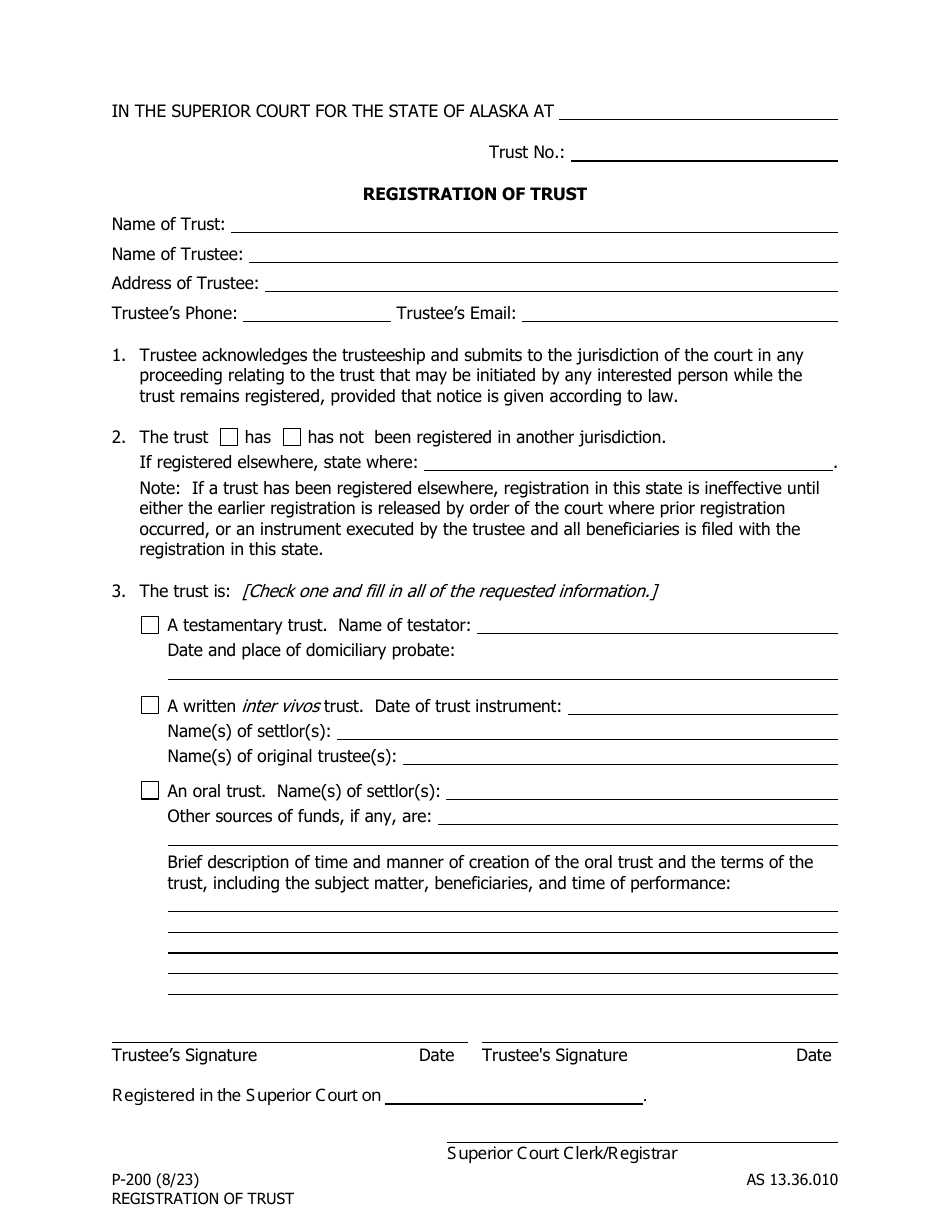 Form P-200 Registration of Trust - Alaska, Page 1
