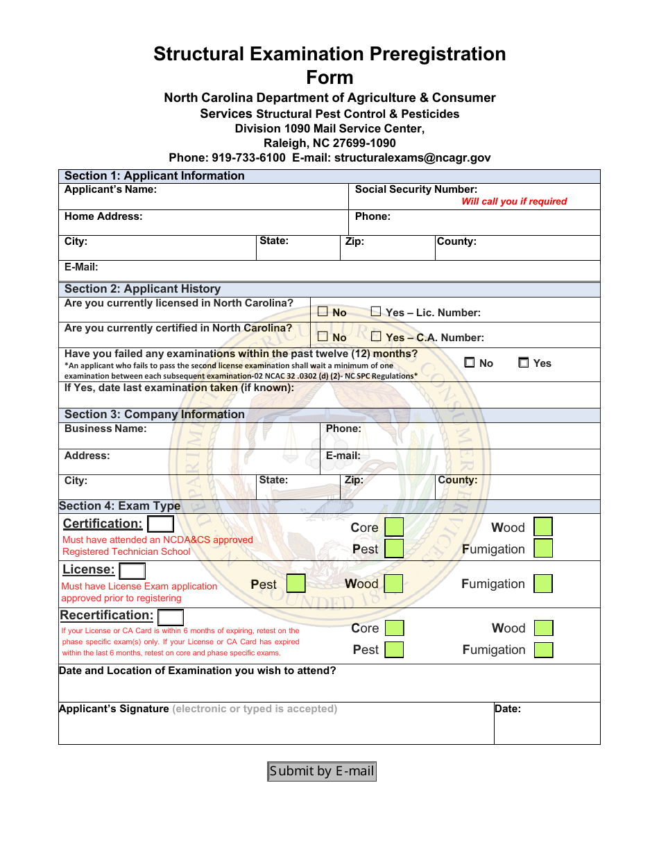 Structural Examination Preregistration Form - North Carolina, Page 1