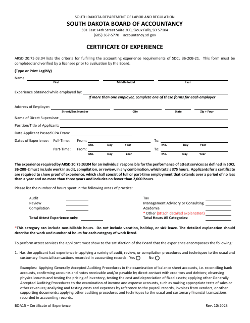 Form BOA15 Certificate of Experience - South Carolina