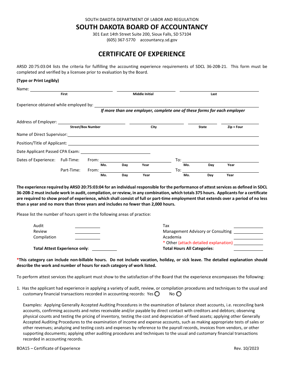 Form BOA15 Certificate of Experience - South Carolina, Page 1