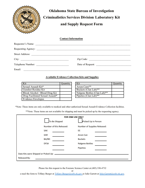 Criminalistics Services Division Laboratory Kit and Supply Request Form - Oklahoma Download Pdf