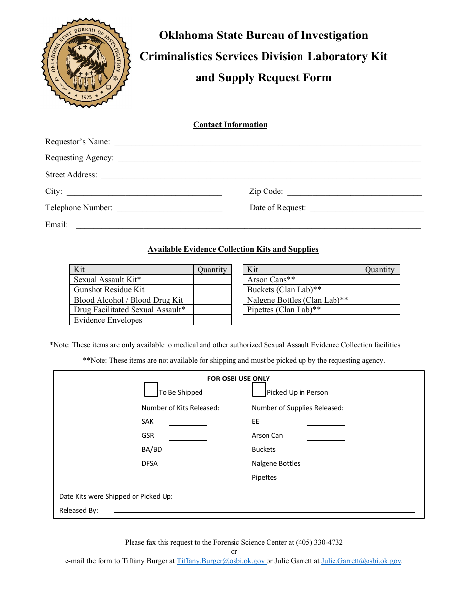 Criminalistics Services Division Laboratory Kit and Supply Request Form - Oklahoma, Page 1