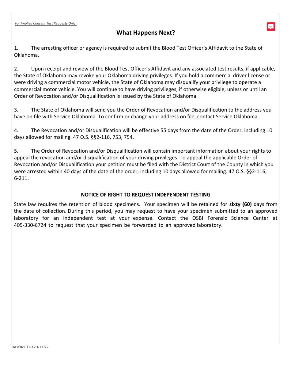 Form BA1OK:BTOA2.4 Blood Test Officers Affidavit - Oklahoma, Page 3