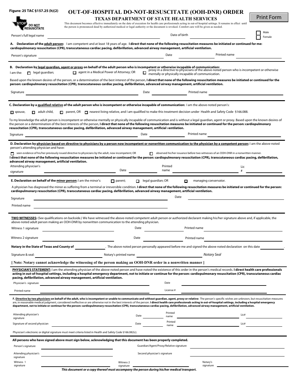 Texas OutOfHospital DoNotResuscitate (OohDNR) Order Download
