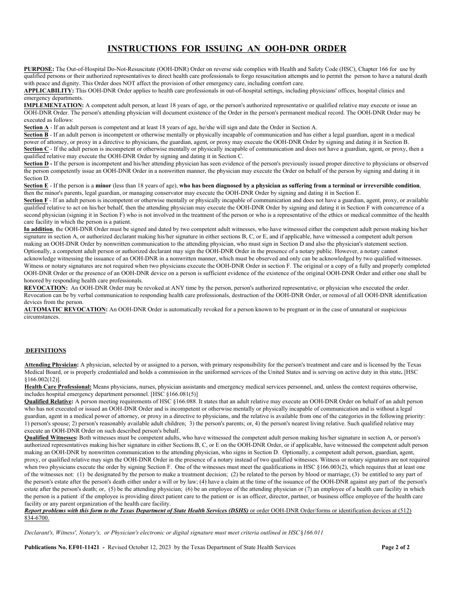 Out-Of-Hospital Do-Not-Resuscitate (Ooh-DNR) Order - Texas, Page 2