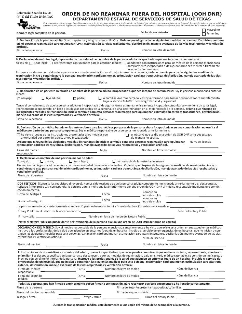 Orden De No Reanimar Fuera Del Hospital (Ooh DNR) - Texas (Spanish), Page 1