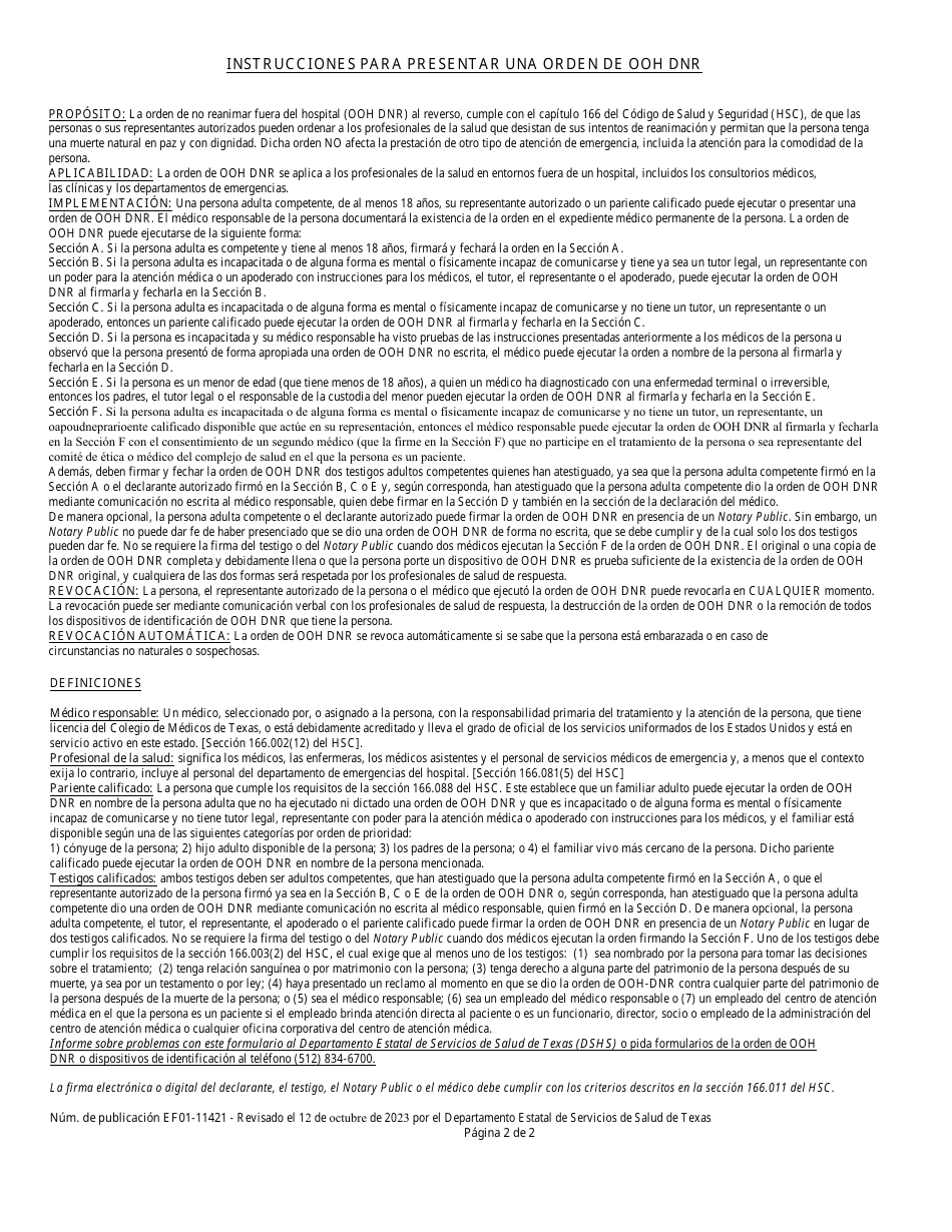 Orden De No Reanimar Fuera Del Hospital (Ooh DNR) - Texas (Spanish), Page 2