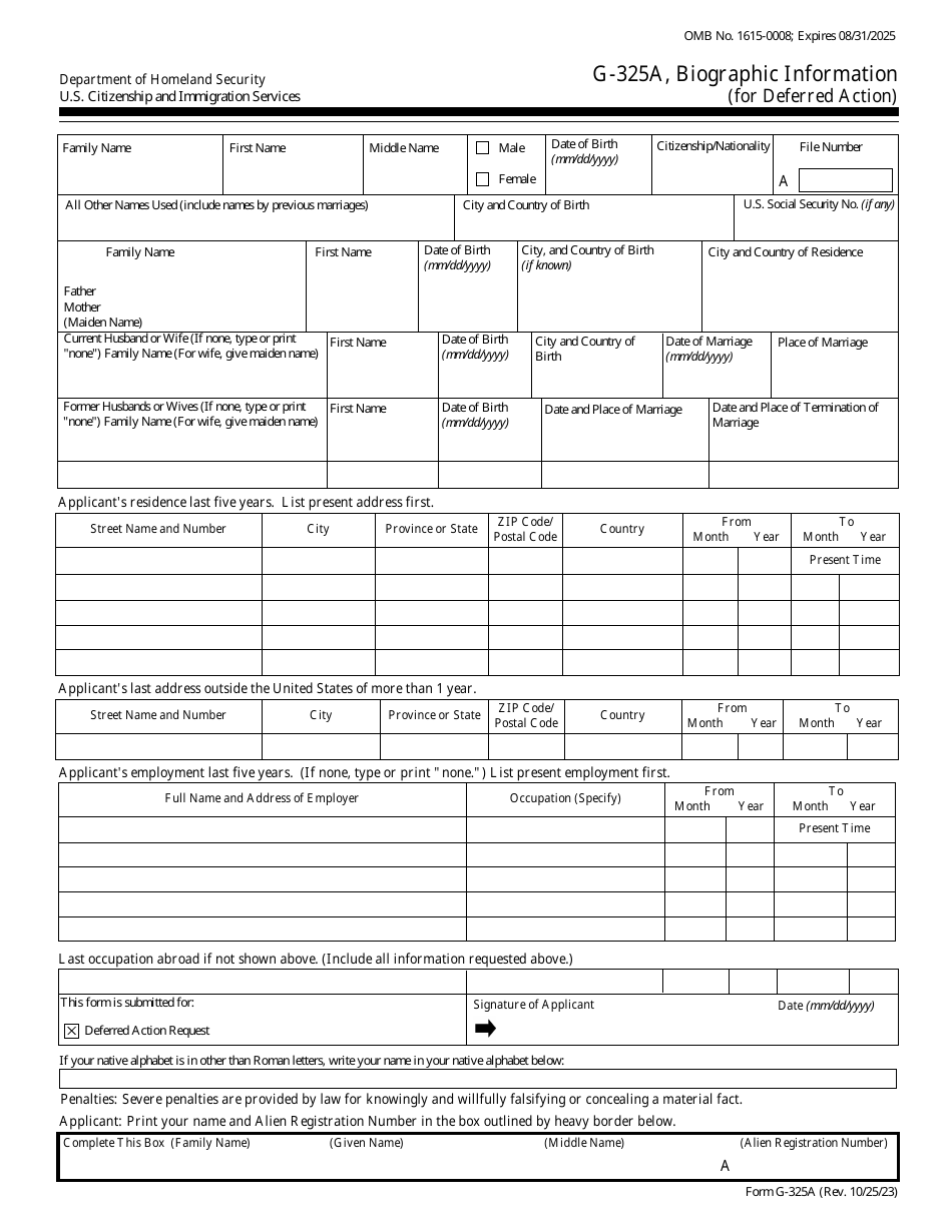 USCIS Form G-325A Biographic Information (For Deferred Action), Page 1