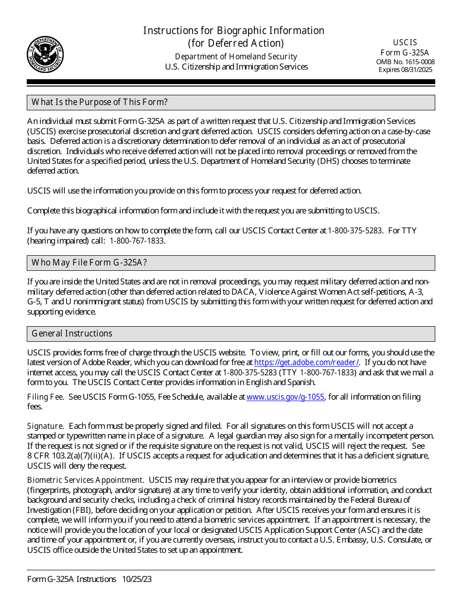 Instructions for USCIS Form G-325A Biographic Information (For Deferred Action), Page 1