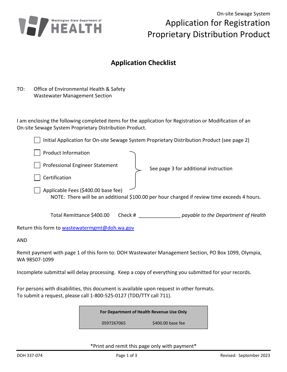 Form DOH337-074 Application for Registration Proprietary Distribution Product - on-site Sewage System - Washington, Page 1