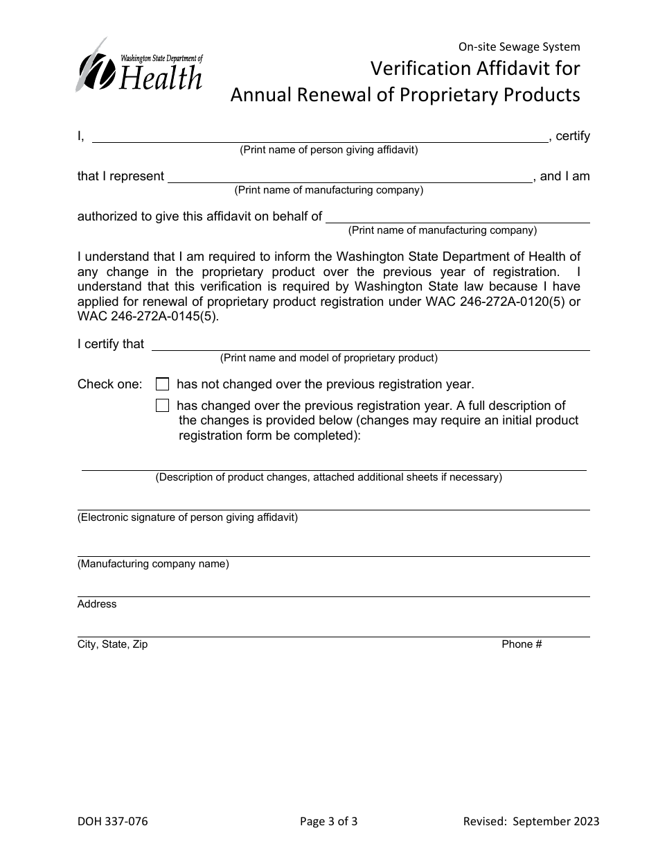 Form DOH337-076 Annual Renewal Form Proprietary Products - on-site Sewage System - Washington, Page 3