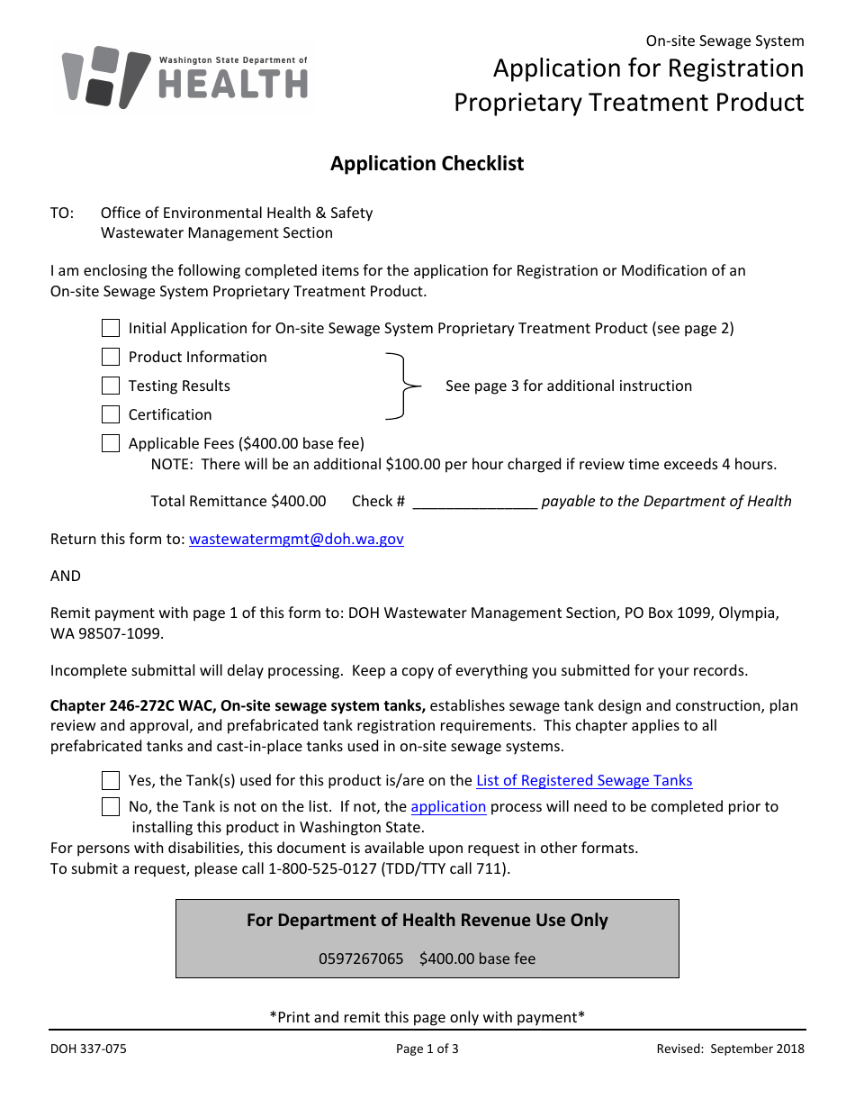 Form DOH337-075 Application for Registration Proprietary Treatment Product - on-site Sewage System - Washington, Page 1