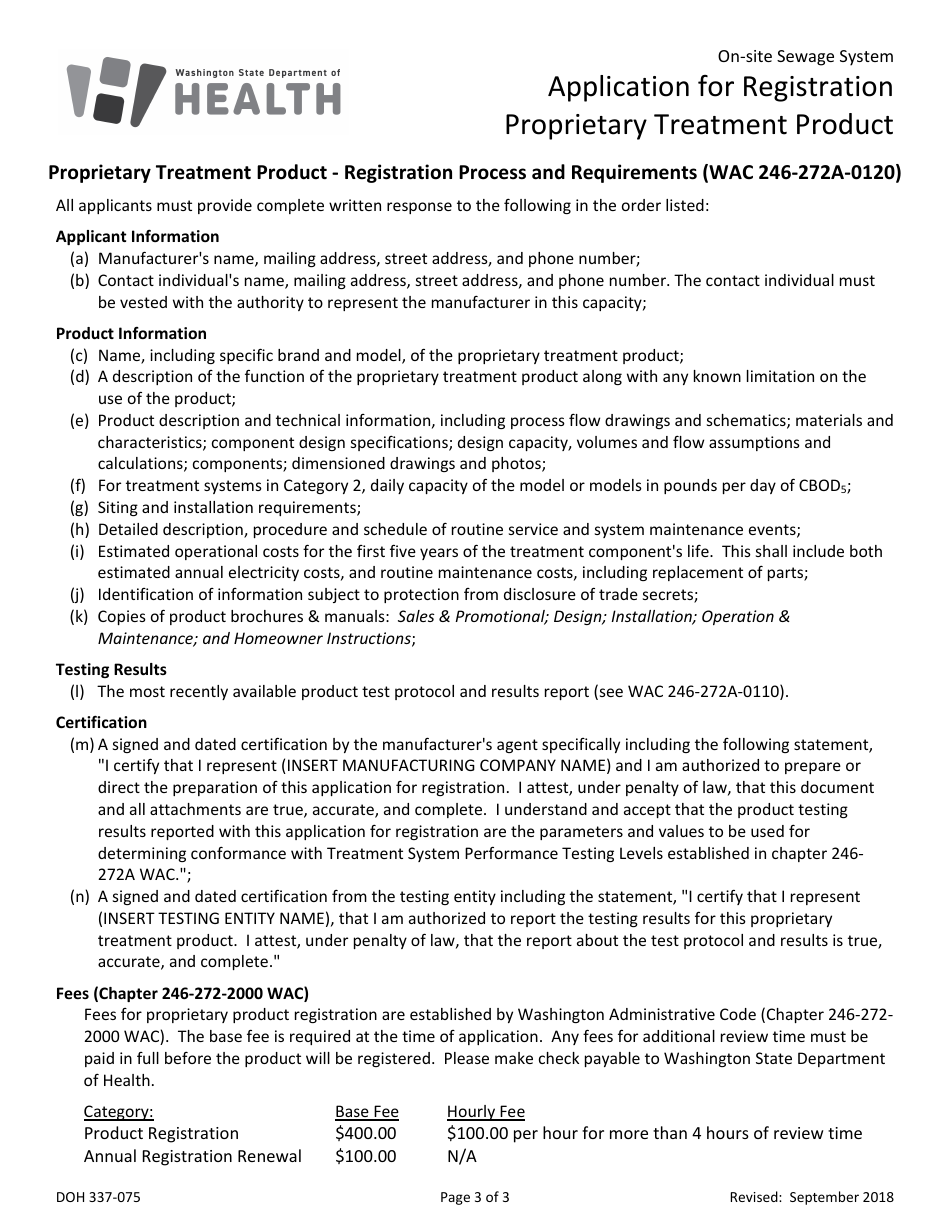 Form DOH337-075 Application for Registration Proprietary Treatment Product - on-site Sewage System - Washington, Page 3