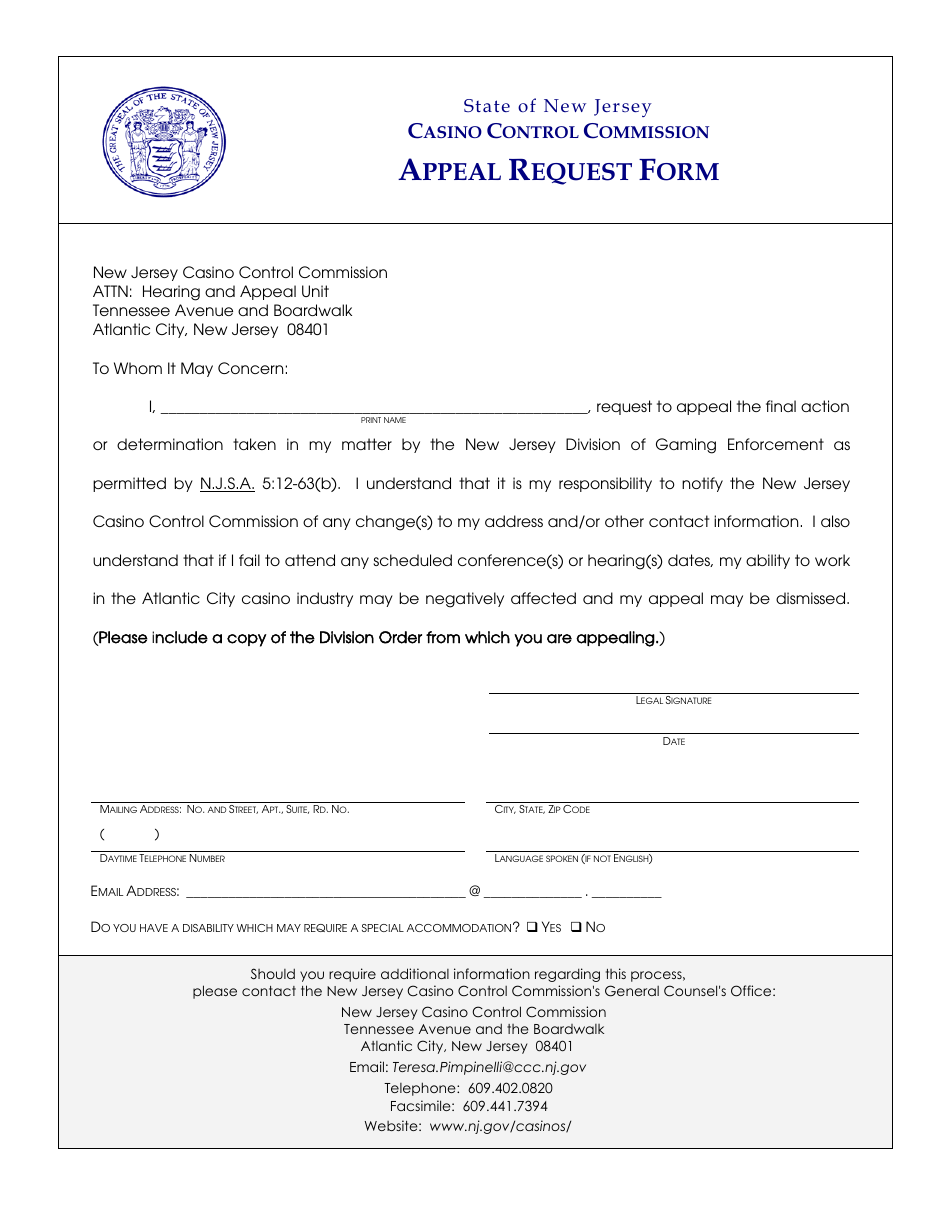 Appeal Request Form - New Jersey, Page 1