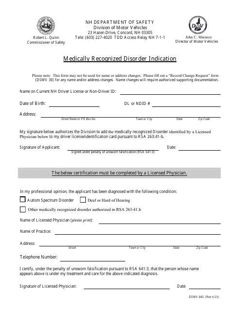 Form DSMV643 Medically Recognized Disorder Indication - New Hampshire