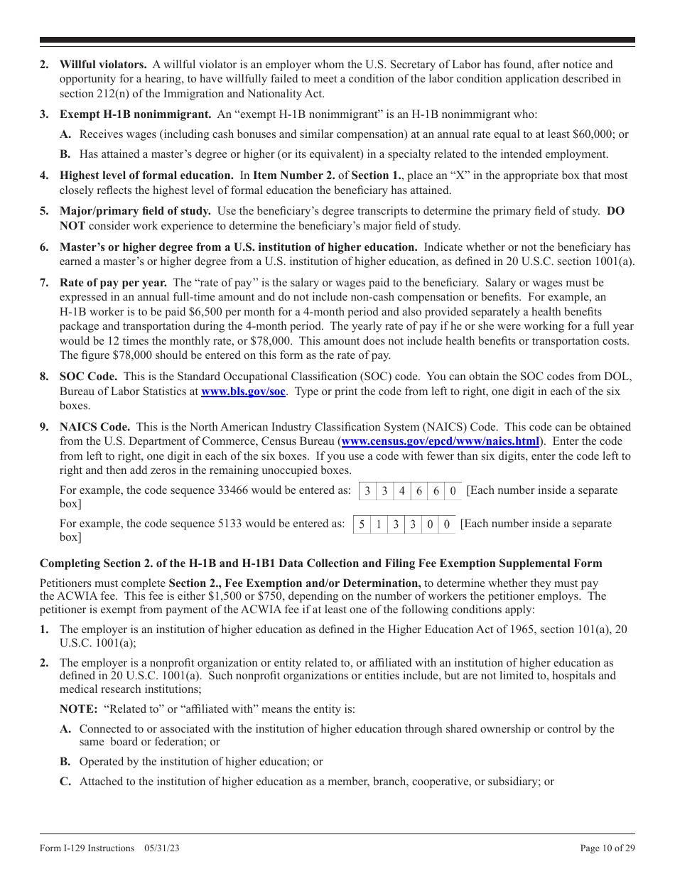 Instructions for USCIS Form I-129 Petition for Nonimmigrant Worker, Page 10
