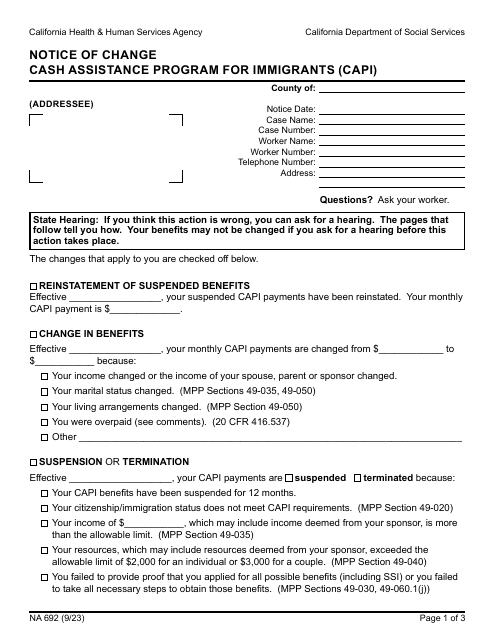 Form NA692 Notice of Change - Cash Assistance Program for Immigrants (Capi) - California