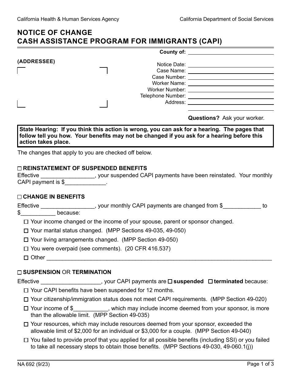 Form NA692 Notice of Change - Cash Assistance Program for Immigrants (Capi) - California, Page 1